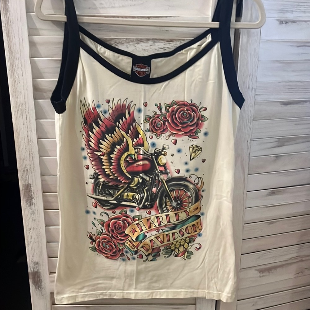 Harley-Davidson Cream Tank with Motorcycle and Rose Design
